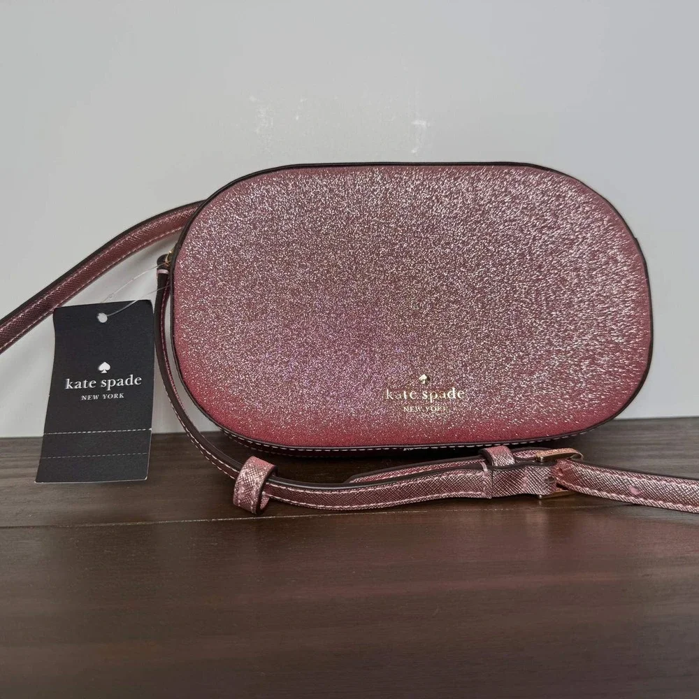 Kate Spade Crossbody Bag Glimmer Pink Glitter Oval Camera‎ Bag Small NWT